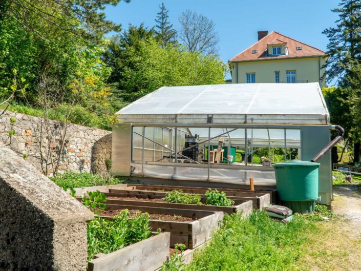 © Alexander Stadler Das Gewächshaus und vier Hochbeete im Garten der Hochschule für Agrar- und Umweltpädagogik im Sommer umgeben von Bäumen, Sträuchern und Wiese.